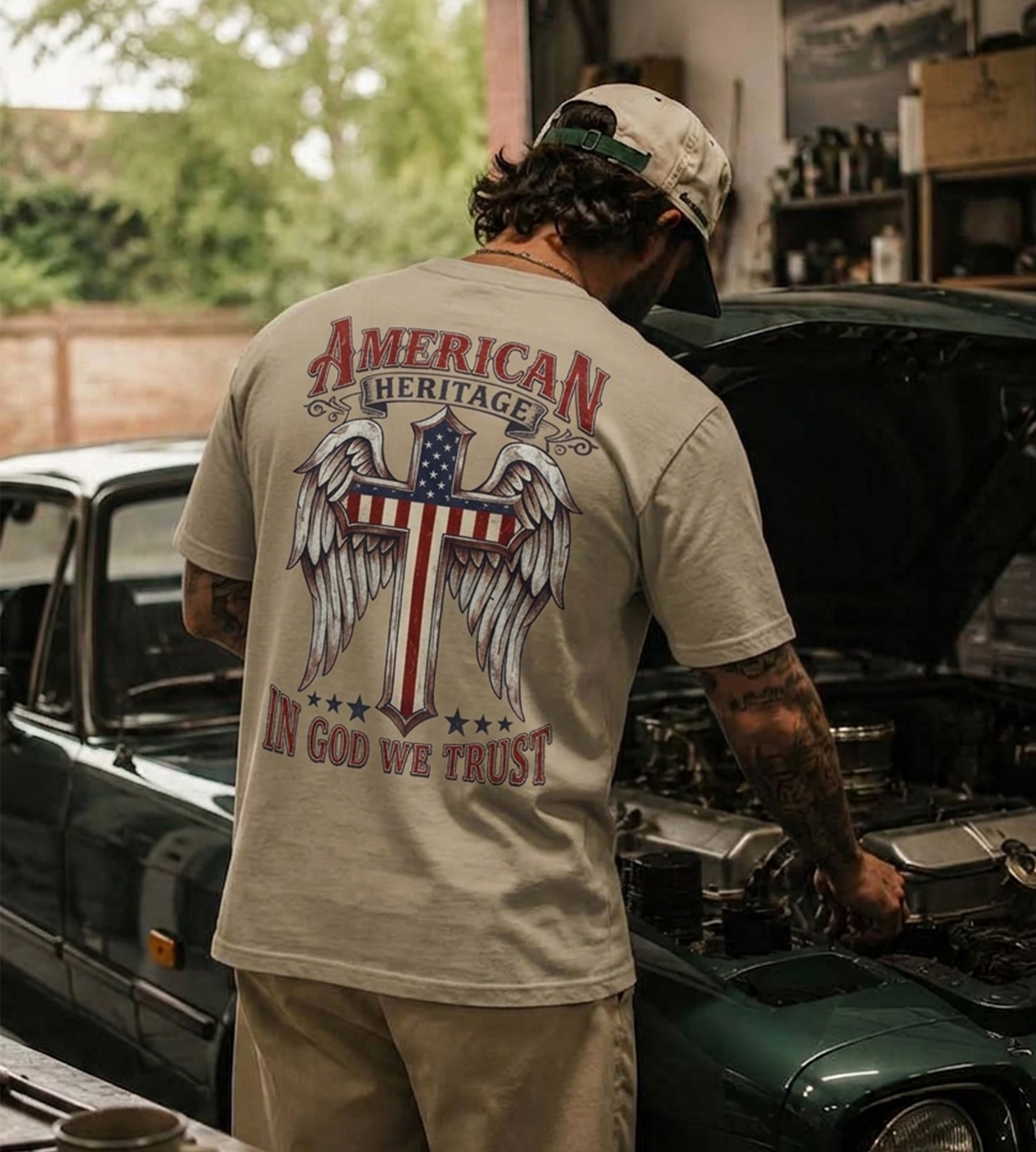 From The Flag-Men's American Flag Shirt Faith Over Fear Short Sleeve Graphic Tee - Military Casual Tops - Image 2